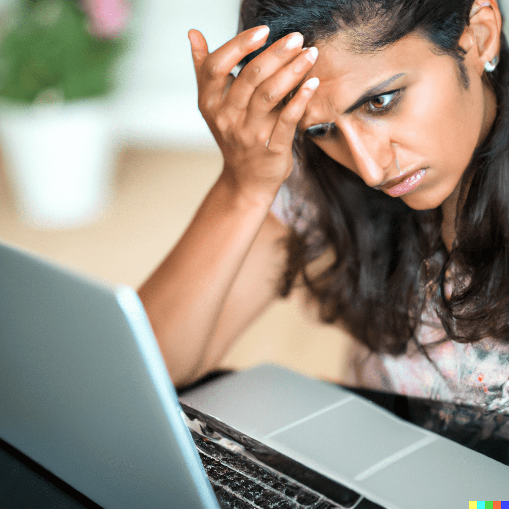 Young woman worried at laptop in her home office while writing an email